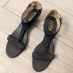 Tod's navy blue T-strap wedge ankle strap sandals shoes size 38